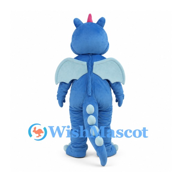 Blue Dragon Mascot Costume with Pale Wings and Pink Horn
