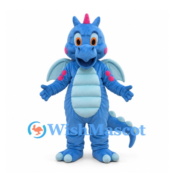Blue Dragon Mascot Costume with Pale Wings and Pink Horn