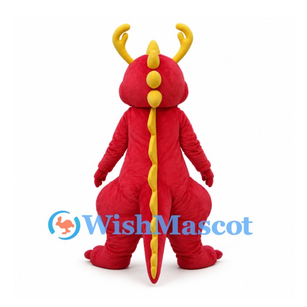 Red Dragon Mascot Costume with Yellow Antlers and Cream Belly