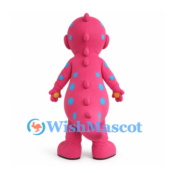 Pink Dinosaur Mascot Costume with Blue Spots and Yellow Belly