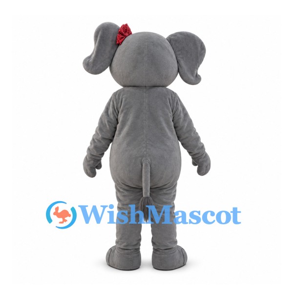 Gray Elephant Mascot Costume with Red Hair Bow and White Belly