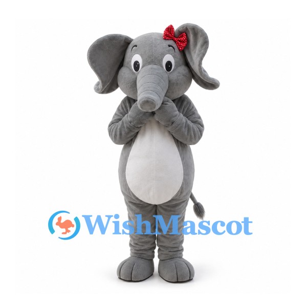 Gray Elephant Mascot Costume with Red Hair Bow and White Belly