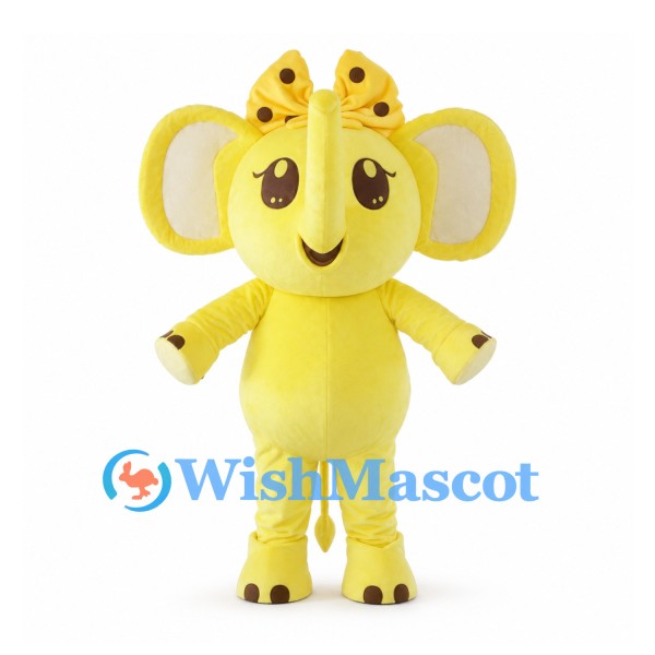 Yellow Elephant Mascot Costume with Large Polka Dot Bow
