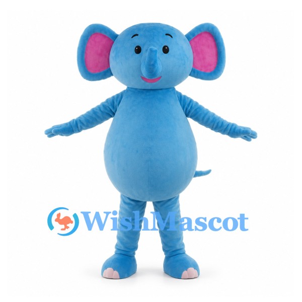 Blue Elephant Mascot Costume with Pink Inner Ears and Round Belly