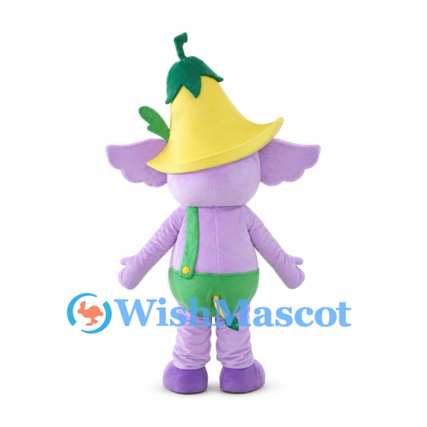 Purple Elephant Mascot Costume with Yellow Flower Hat and Green Shorts