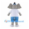 Gray Elephant Mascot Costume with White Shirt and Blue Shorts