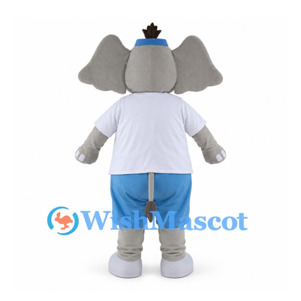 Gray Elephant Mascot Costume with White Shirt and Blue Shorts