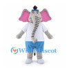 Gray Elephant Mascot Costume with White Shirt and Blue Shorts