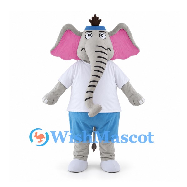 Gray Elephant Mascot Costume with White Shirt and Blue Shorts