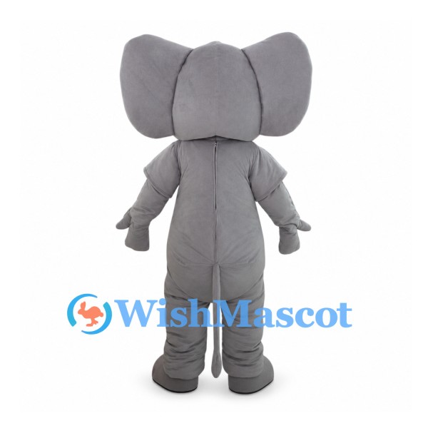 Gray Elephant Mascot Costume with Raised Striped Trunk