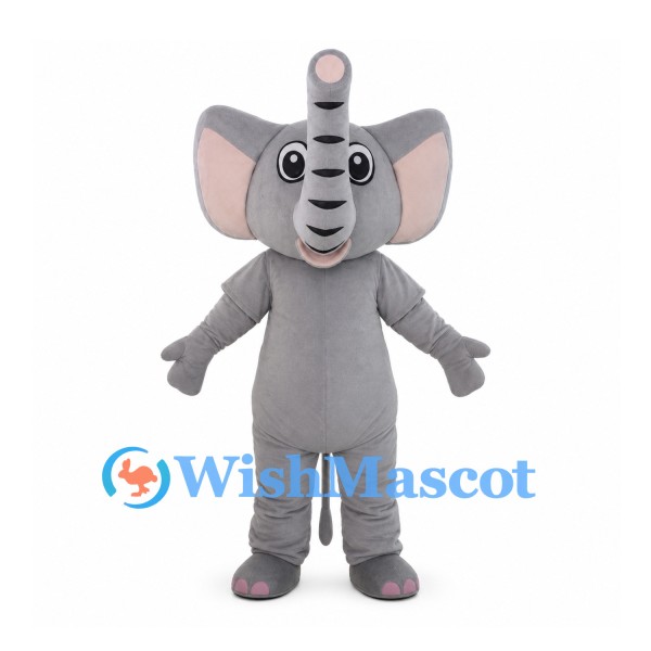 Gray Elephant Mascot Costume with Raised Striped Trunk