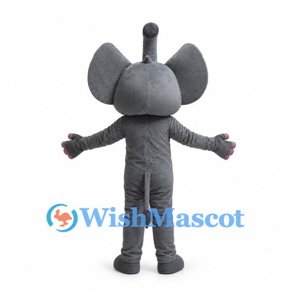 Gray Elephant Mascot Costume with Raised Trunk and White Belly