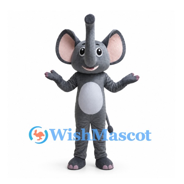 Gray Elephant Mascot Costume with Raised Trunk and White Belly
