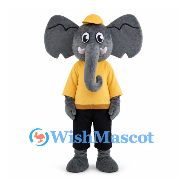 Elephant Mascot Costume with Yellow Hard Hat and Shirt