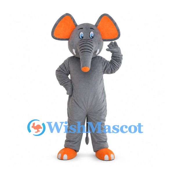 Gray Elephant Mascot Costume with Orange Ears Trunk Tip and Toes