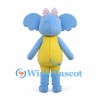 Blue Elephant Mascot Costume with Pink Bow and Yellow Overalls