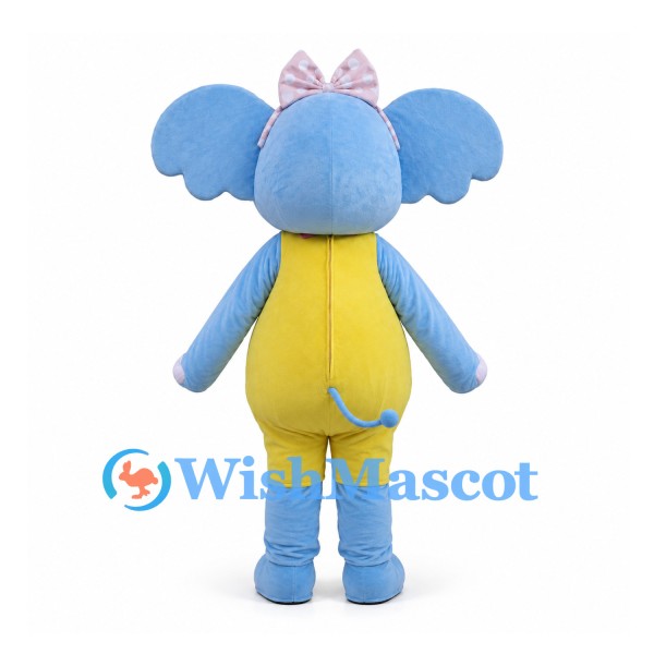 Blue Elephant Mascot Costume with Pink Bow and Yellow Overalls