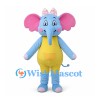 Blue Elephant Mascot Costume with Pink Bow and Yellow Overalls