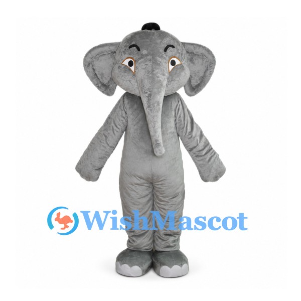 Gray Elephant Mascot Costume with Long Trunk and Small Black Cap