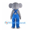 Gray Elephant Mascot Costume with Blue Overalls and Pink Ears