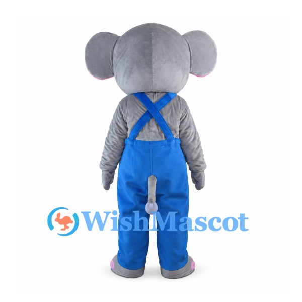 Gray Elephant Mascot Costume with Blue Overalls and Pink Ears