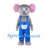 Gray Elephant Mascot Costume with Blue Overalls and Pink Ears