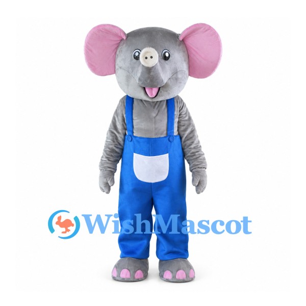 Gray Elephant Mascot Costume with Blue Overalls and Pink Ears
