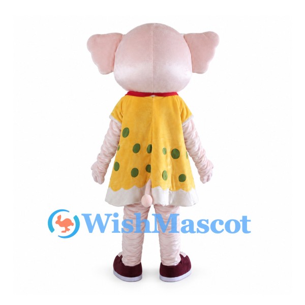 Pink Elephant Mascot Costume with Yellow Polka Dot Dress and Red Scarf