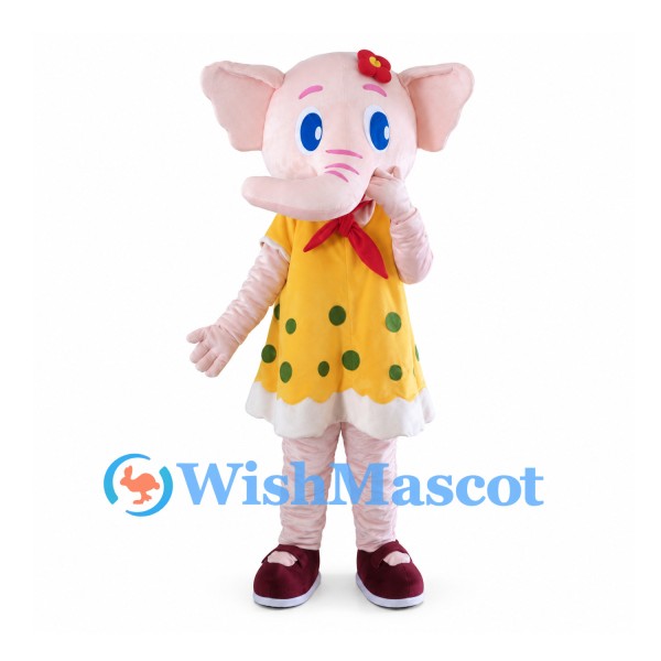 Pink Elephant Mascot Costume with Yellow Polka Dot Dress and Red Scarf