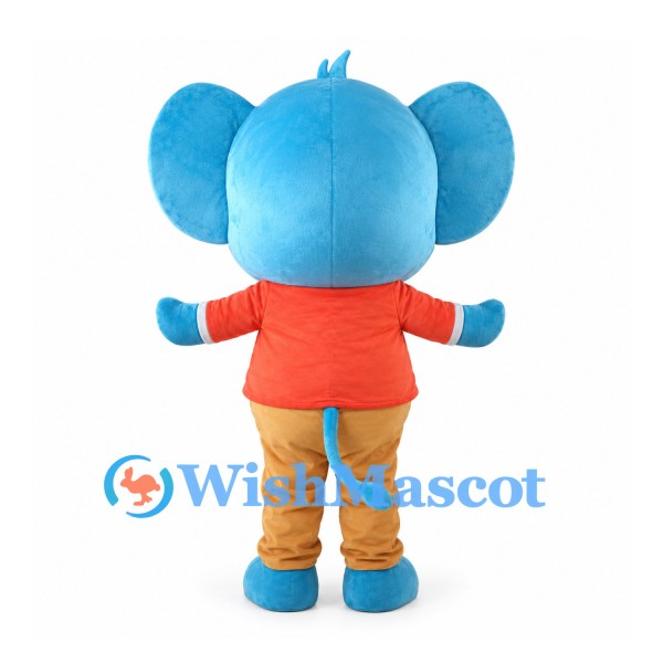 Blue Elephant Mascot Costume with Orange Shirt and Tan Pants