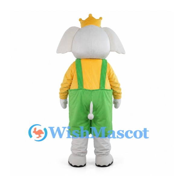 Elephant King Mascot Costume with Gold Crown and Green Overalls