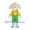 Elephant King Mascot Costume with Gold Crown and Green Overalls