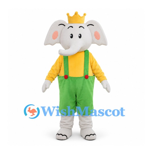 Elephant King Mascot Costume with Gold Crown and Green Overalls