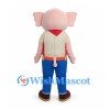 Pink Elephant Mascot Costume with Cream Shirt Blue Pants and Red Scarf