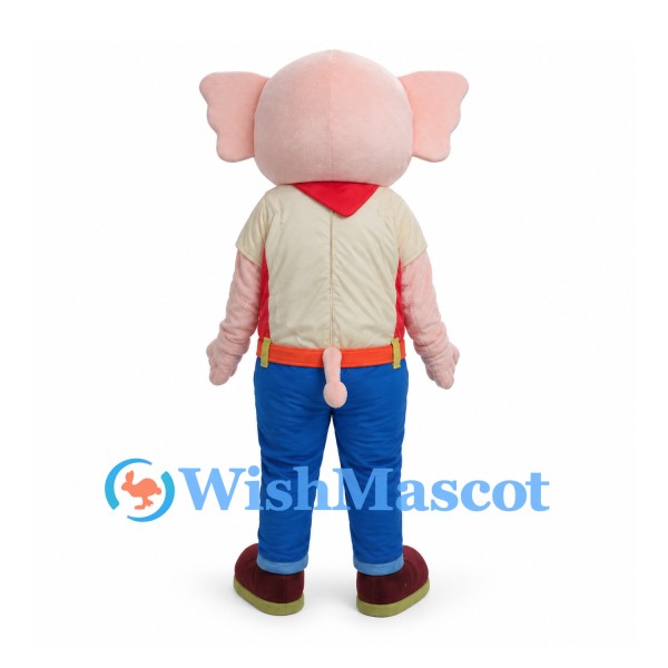 Pink Elephant Mascot Costume with Cream Shirt Blue Pants and Red Scarf