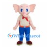 Pink Elephant Mascot Costume with Cream Shirt Blue Pants and Red Scarf