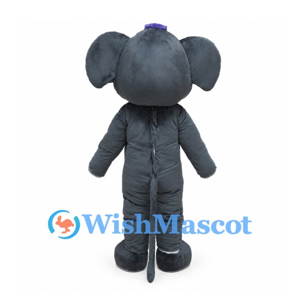 Dark Gray Elephant Mascot Costume with Purple Cap and Long Trunk