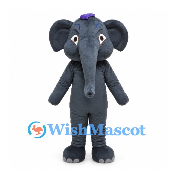 Dark Gray Elephant Mascot Costume with Purple Cap and Long Trunk