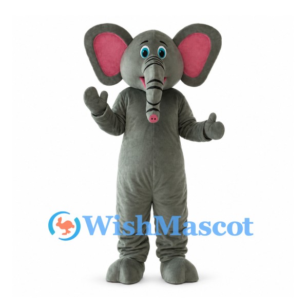 Gray Elephant Mascot Costume with Pink Ears and Striped Trunk