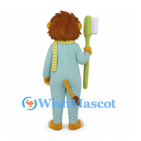 Lion Mascot Costume with Pale Blue Pajamas Scarf and Giant Toothbrush