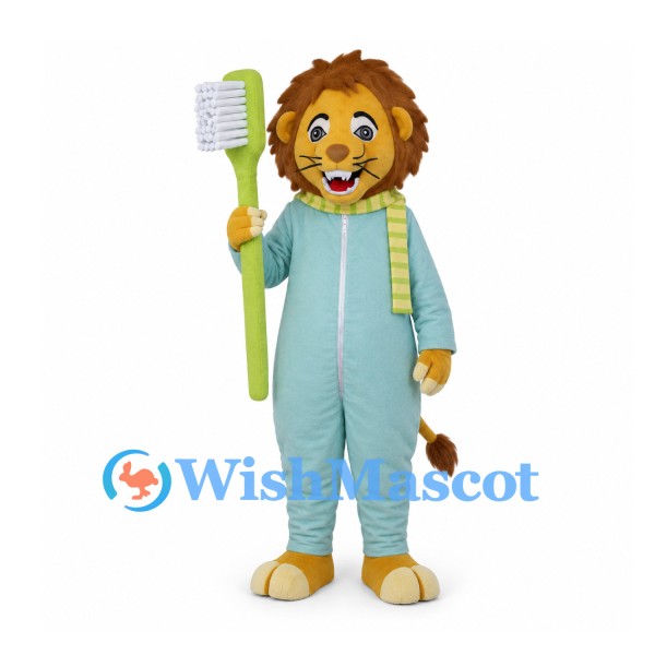 Lion Mascot Costume with Pale Blue Pajamas Scarf and Giant Toothbrush