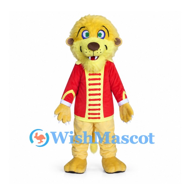 Lion Mascot Costume with Yellow Mane and Red Gold Trimmed Jacket