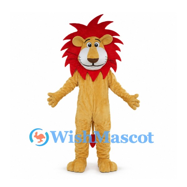 Tan Lion Mascot Costume with Red Spiked Mane and White Muzzle