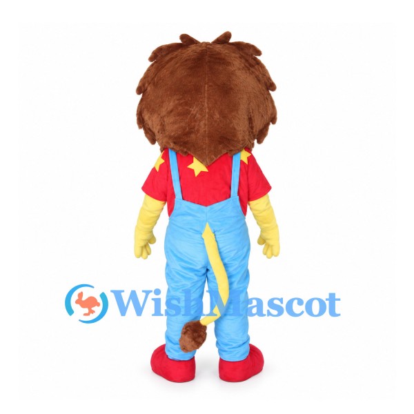 Lion Mascot Costume with Red Star Shirt and Blue Overalls