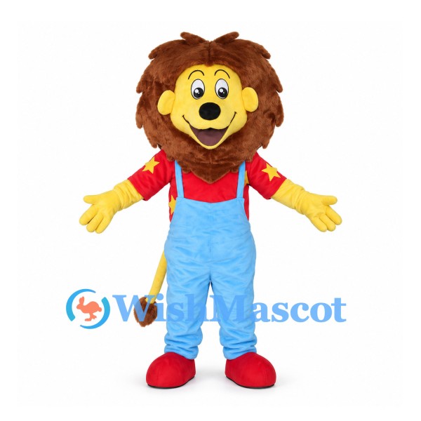 Lion Mascot Costume with Red Star Shirt and Blue Overalls
