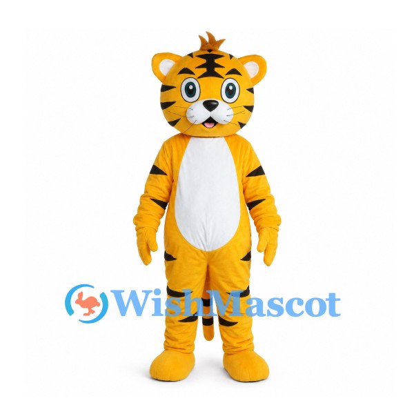 Yellow Tiger Mascot Costume with Black Stripes and White Belly
