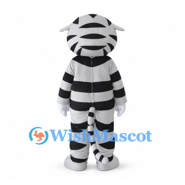 Gray Tiger Mascot Costume with Black Stripes and White Belly