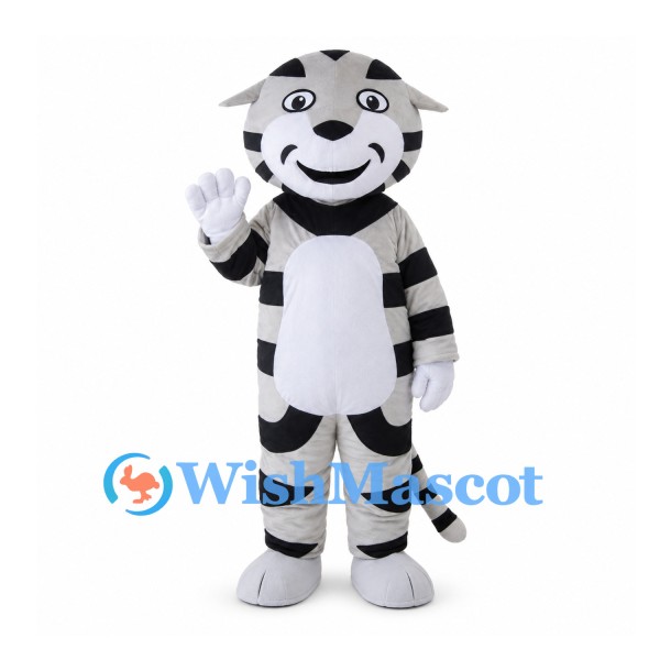 Gray Tiger Mascot Costume with Black Stripes and White Belly