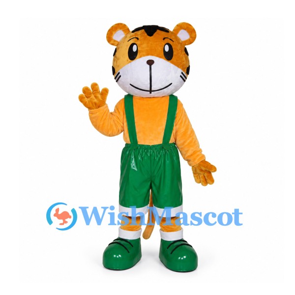 Orange Tiger Mascot Costume with Green Suspender Shorts