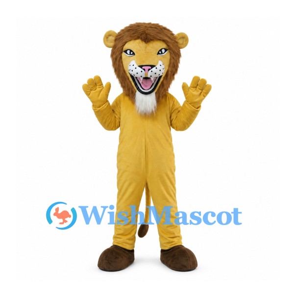 Golden Lion Mascot Costume with Brown Mane and Open Mouth